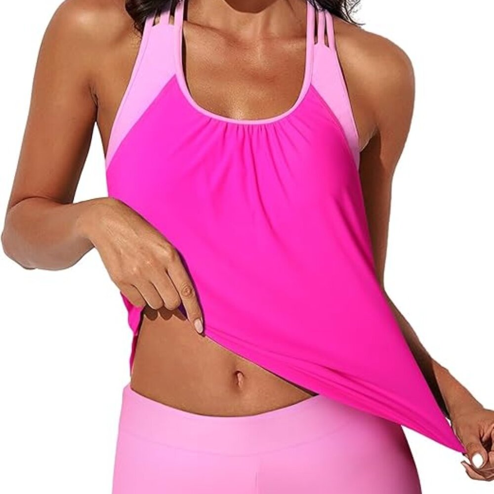 Blouson Striped Printed Push up Strappy T-Back Tankini Top with Shorts size M